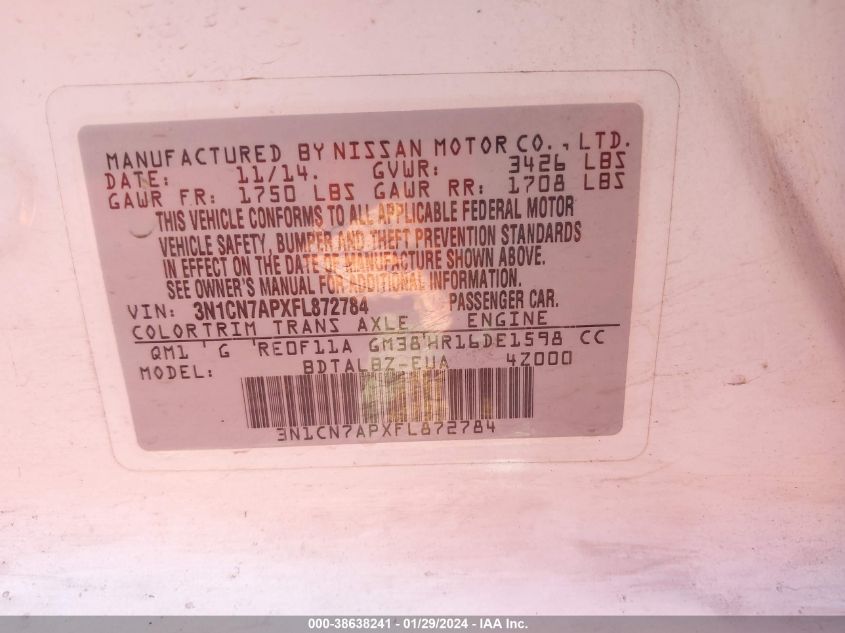2015 NISSAN VERSA 1.6 S/1.6 S+/1.6 SL/1.6 SV - 3N1CN7APXFL872784
