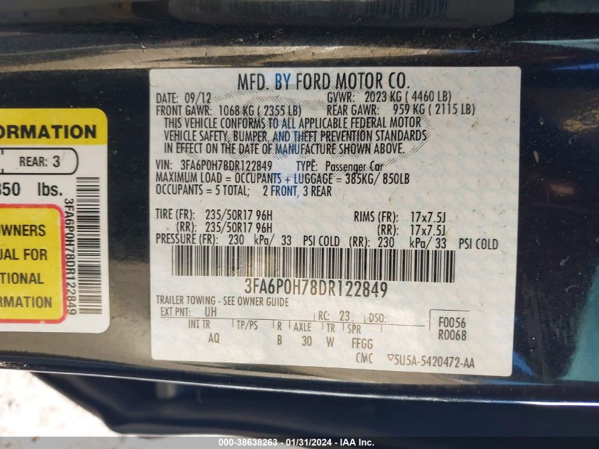 2013 FORD FUSION SE - 3FA6P0H78DR122849