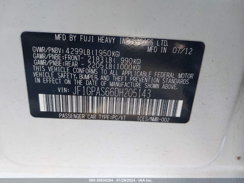2013 SUBARU IMPREZA 2.0I SPORT LIMITED - JF1GPAS66DH205143