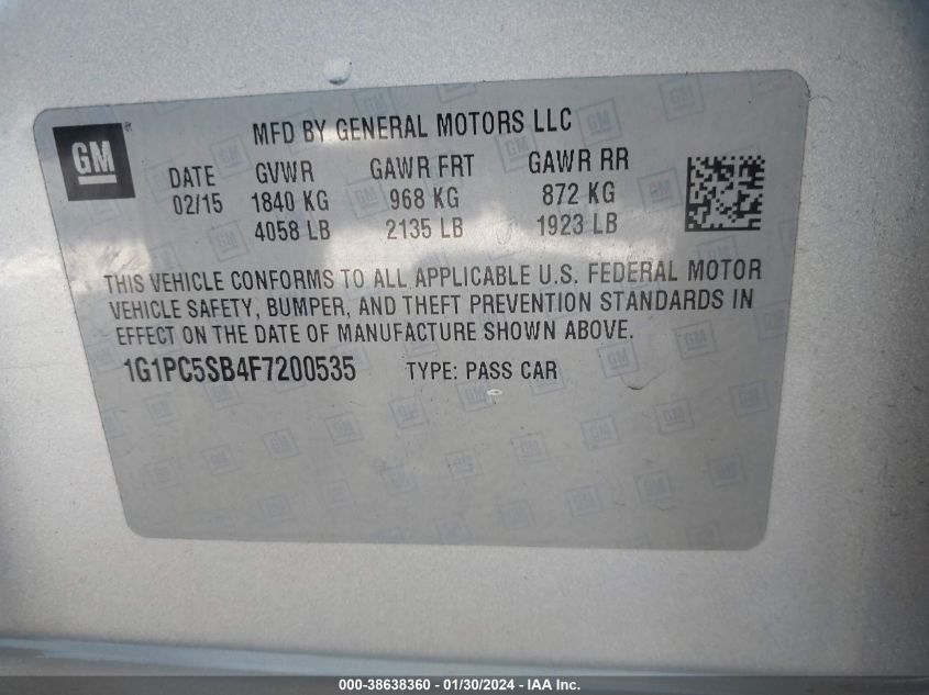 2015 CHEVROLET CRUZE 1LT AUTO - 1G1PC5SB4F7200535
