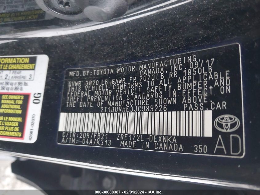 2018 TOYOTA COROLLA LE - 2T1BURHE3JC989226