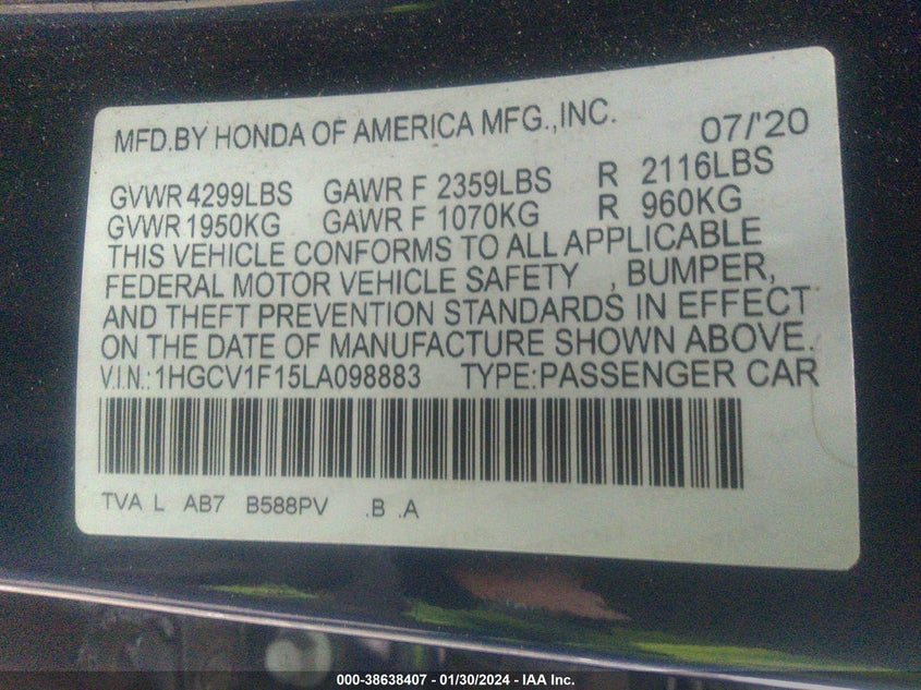 VIN 1HGCV1F15LA098883 2020 HONDA ACCORD LX