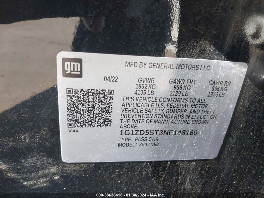 2022 CHEVROLET MALIBU LT - 1G1ZD5ST3NF148169