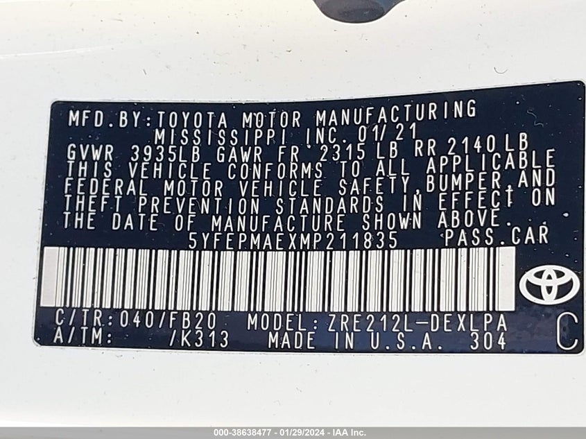 VIN 5YFEPMAEXMP211835 2021 TOYOTA COROLLA LE