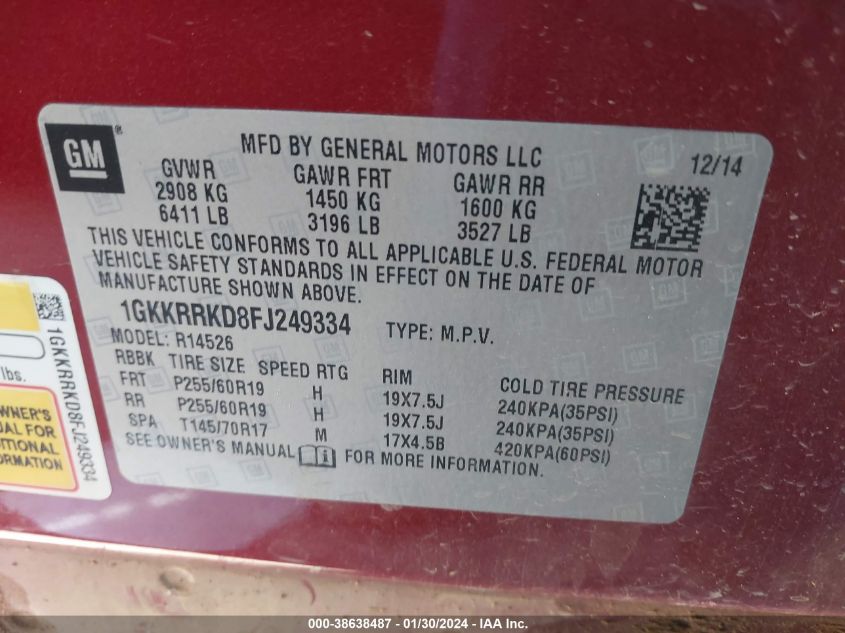 2015 GMC ACADIA SLT-1 - 1GKKRRKD8FJ249334