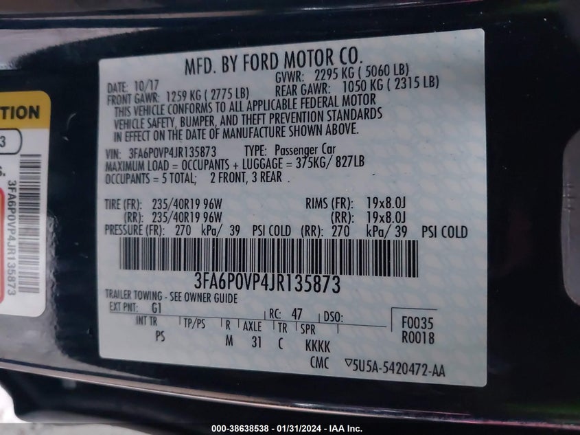 VIN 3FA6P0VP4JR135873 2018 FORD FUSION SPORT