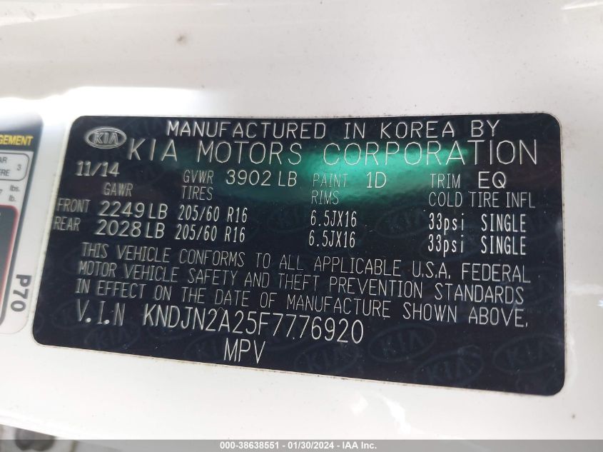 2015 KIA SOUL - KNDJN2A25F7776920