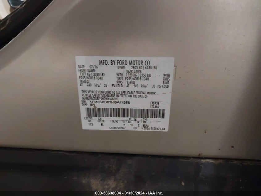 VIN 1FM5K8D83HGA44958 2017 FORD EXPLORER XLT