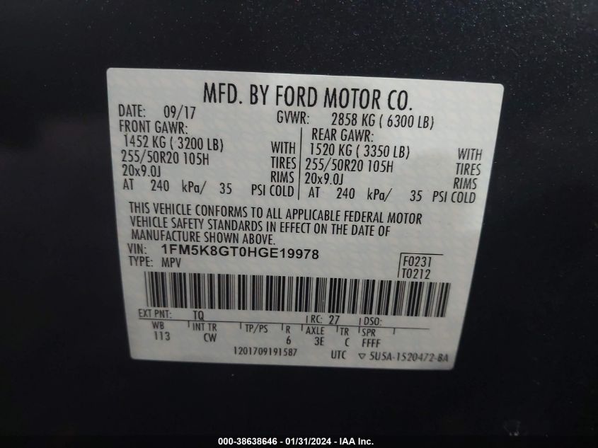 2017 FORD EXPLORER SPORT - 1FM5K8GT0HGE19978