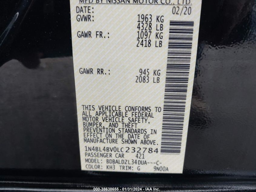 2020 NISSAN ALTIMA S - 1N4BL4BV0LC232784