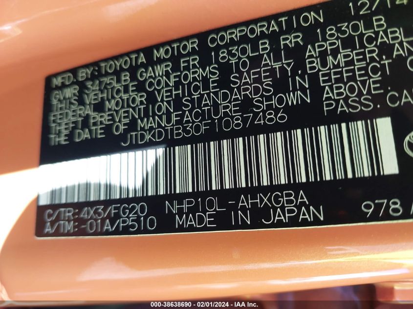 2015 TOYOTA PRIUS C - JTDKDTB30F1087486