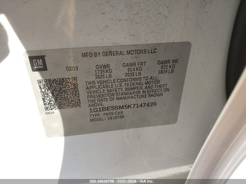 2019 CHEVROLET CRUZE LT - 1G1BE5SM5K7147439