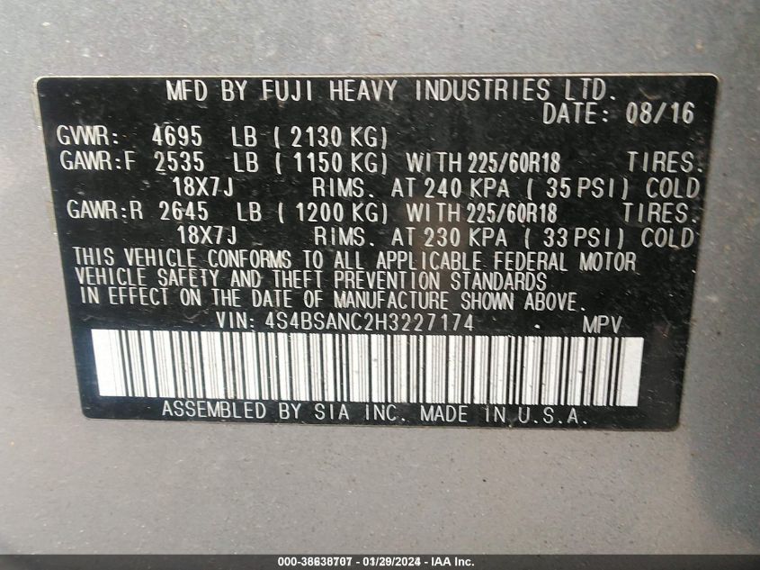 2017 SUBARU OUTBACK 2.5I LIMITED - 4S4BSANC2H3227174
