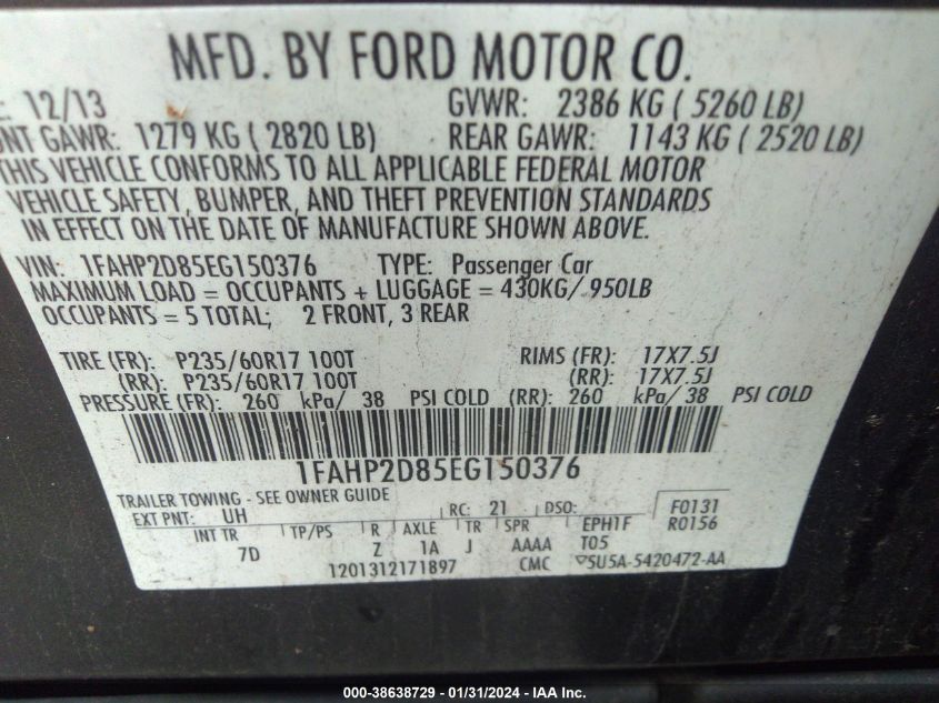 2014 FORD TAURUS SE - 1FAHP2D85EG150376