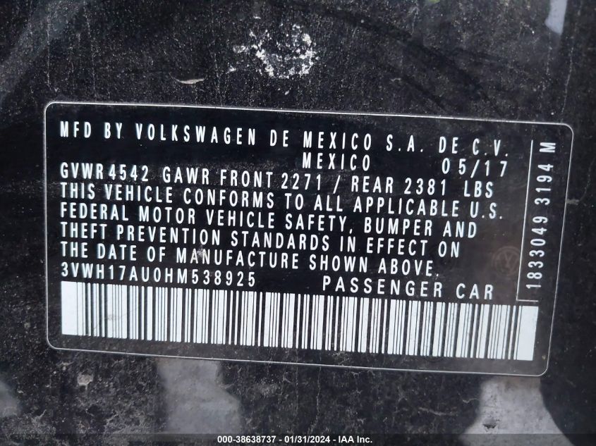 2017 VOLKSWAGEN GOLF ALLTRACK S/SE/SEL - 3VWH17AU0HM538925