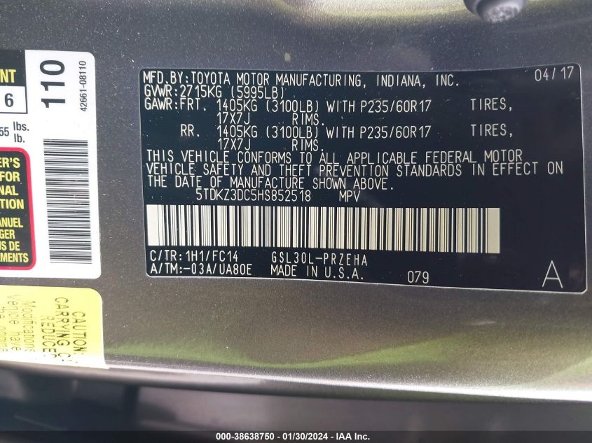 2017 TOYOTA SIENNA LE - 5TDKZ3DC5HS852518