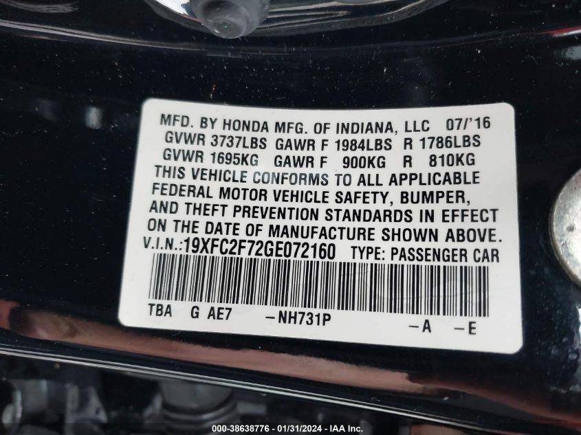 2016 HONDA CIVIC EX - 19XFC2F72GE072160