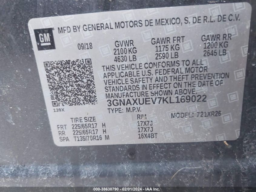 2019 CHEVROLET EQUINOX LT - 3GNAXUEV7KL169022