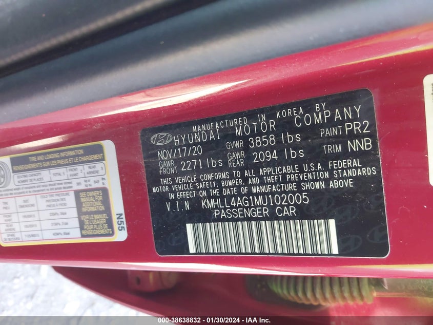 VIN KMHLL4AG1MU102005 2021 HYUNDAI ELANTRA SE