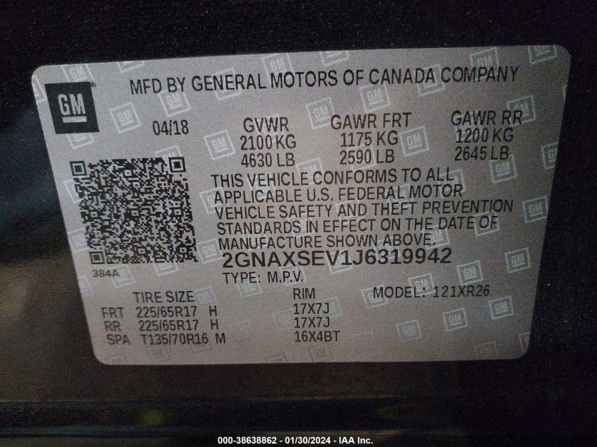2018 CHEVROLET EQUINOX LT - 2GNAXSEV1J6319942