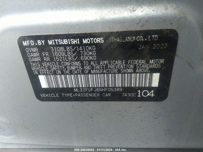 2022 MITSUBISHI MIRAGE G4 BLACK EDITION/ES/LE - ML32FUFJ6NHF05389