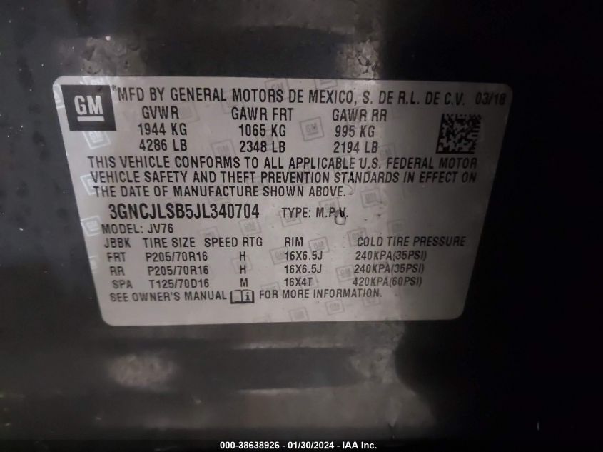 2018 CHEVROLET TRAX LT - 3GNCJLSB5JL340704