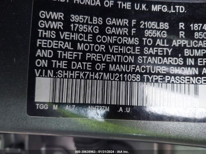 2021 HONDA CIVIC SPORT - SHHFK7H47MU211058