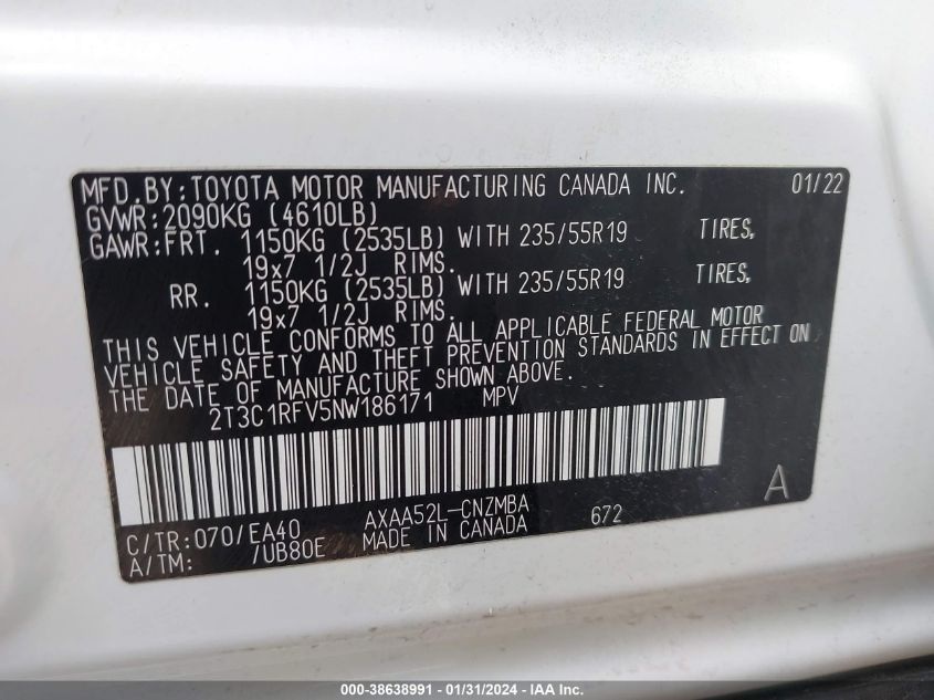 2022 TOYOTA RAV4 XLE PREMIUM - 2T3C1RFV5NW186171