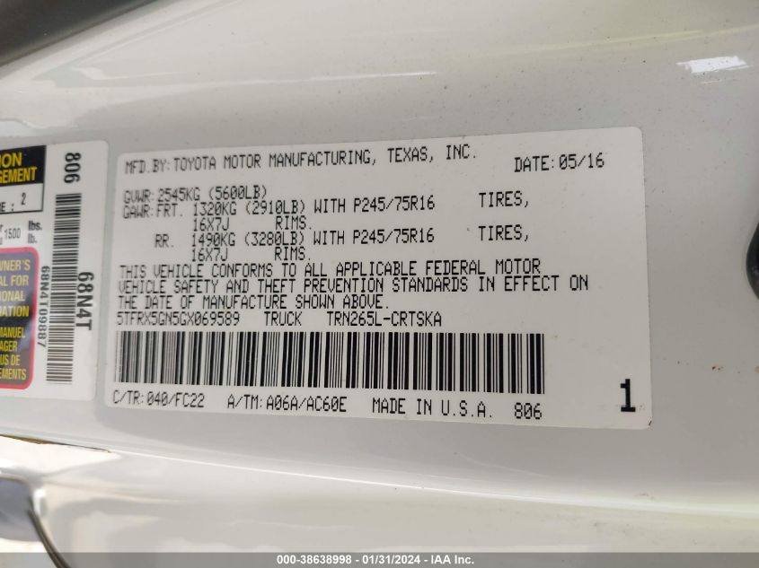 2016 TOYOTA TACOMA SR5 - 5TFRX5GN5GX069589