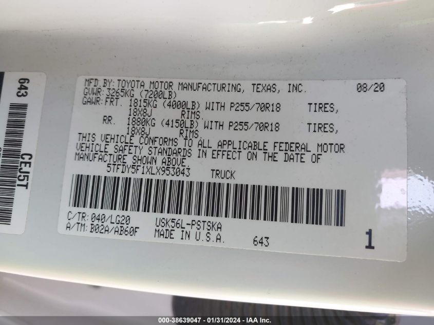 2020 TOYOTA TUNDRA SR5 - 5TFDY5F1XLX953043