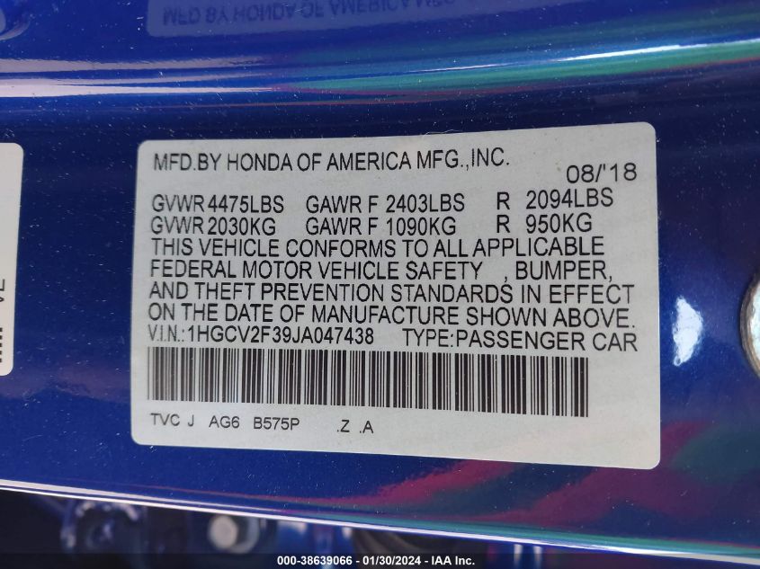 2018 HONDA ACCORD SPORT - 1HGCV2F39JA047438