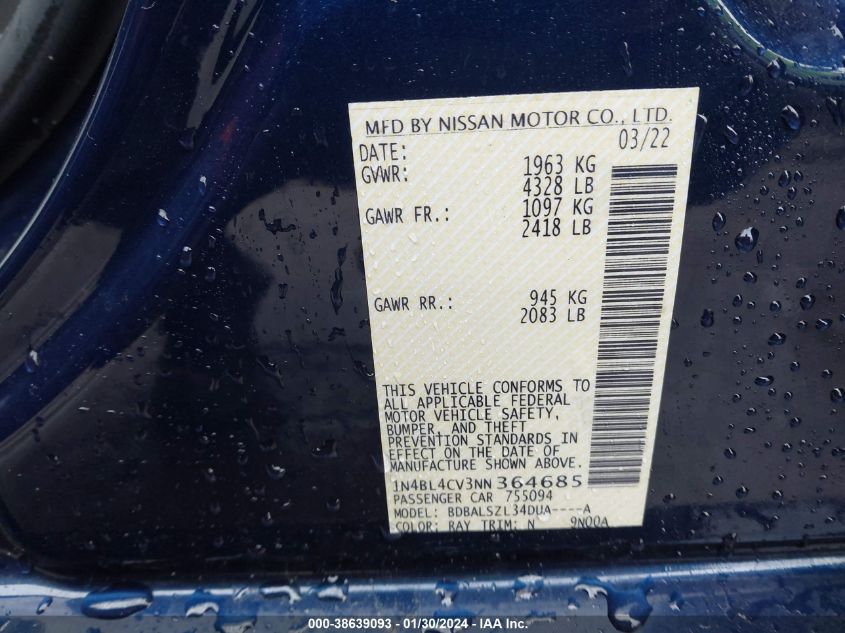 2022 NISSAN ALTIMA SR FWD - 1N4BL4CV3NN364685