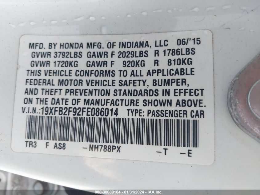 2015 HONDA CIVIC EX-L - 19XFB2F92FE086014