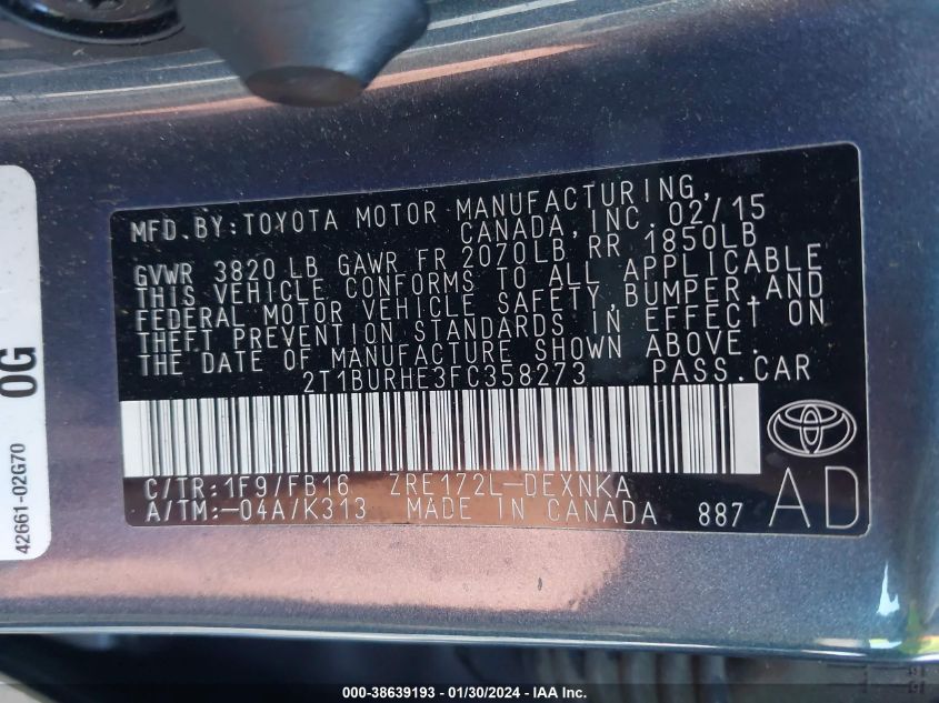 2015 TOYOTA COROLLA LE - 2T1BURHE3FC358273