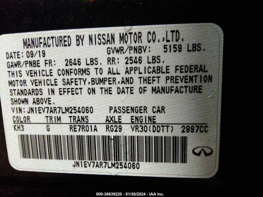 2020 INFINITI Q50 PURE/LUXE/SPORT/EDITION 3 - JN1EV7AR7LM254060