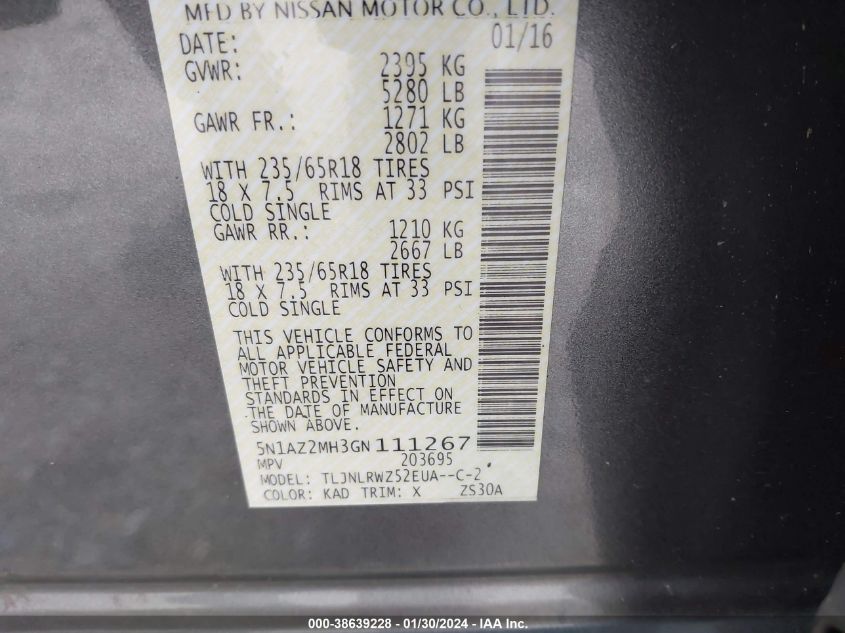 2016 NISSAN MURANO SL - 5N1AZ2MH3GN111267