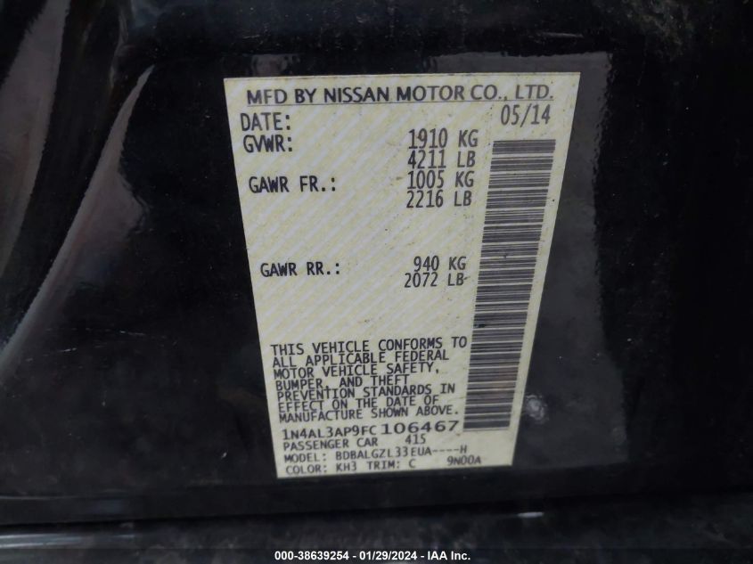 2015 NISSAN ALTIMA 2.5 S - 1N4AL3AP9FC106467