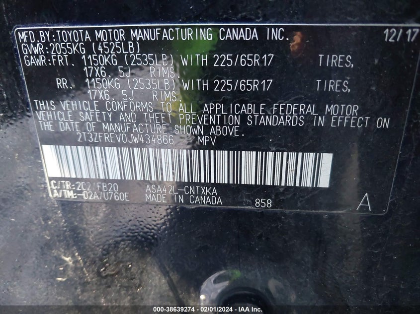 VIN 2T3ZFREV0JW434866 2018 TOYOTA RAV4 LE