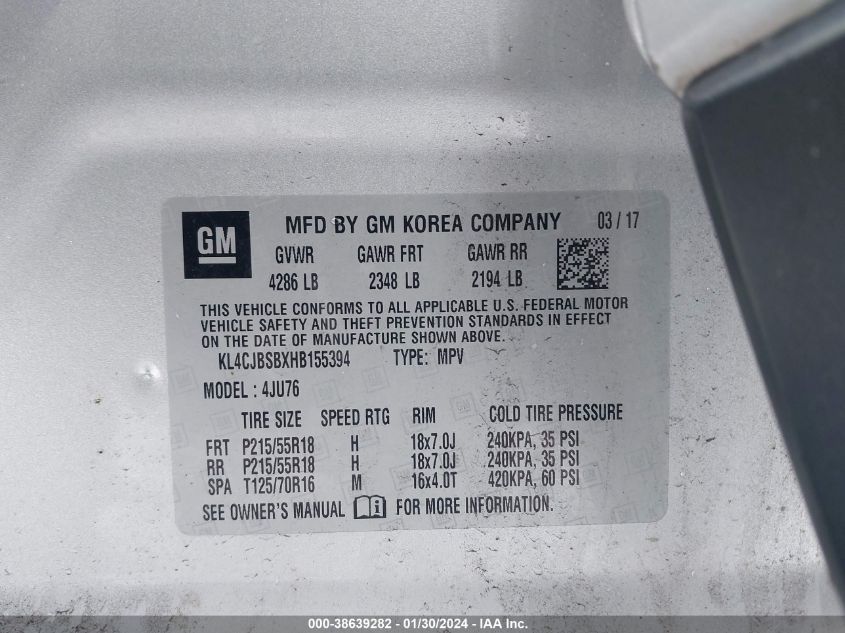 2017 BUICK ENCORE PREFERRED II - KL4CJBSBXHB155394