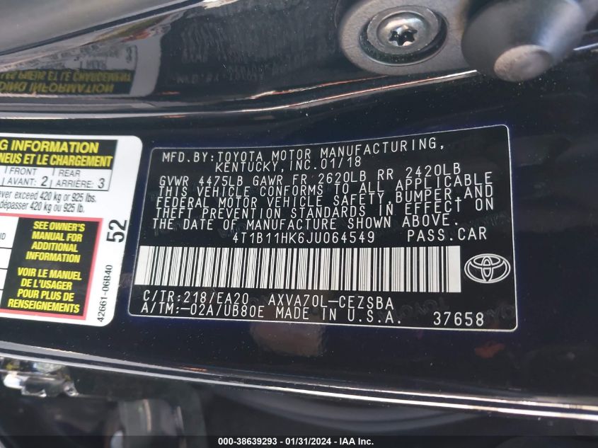 2018 TOYOTA CAMRY SE - 4T1B11HK6JU064549