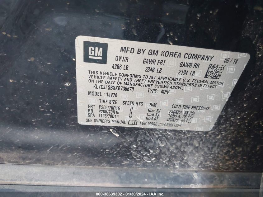 2019 CHEVROLET TRAX 1LT - KL7CJLSBXKB736670