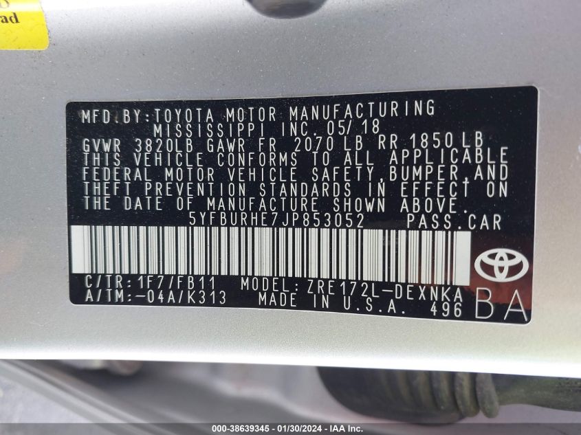 2018 TOYOTA COROLLA LE - 5YFBURHE7JP853052