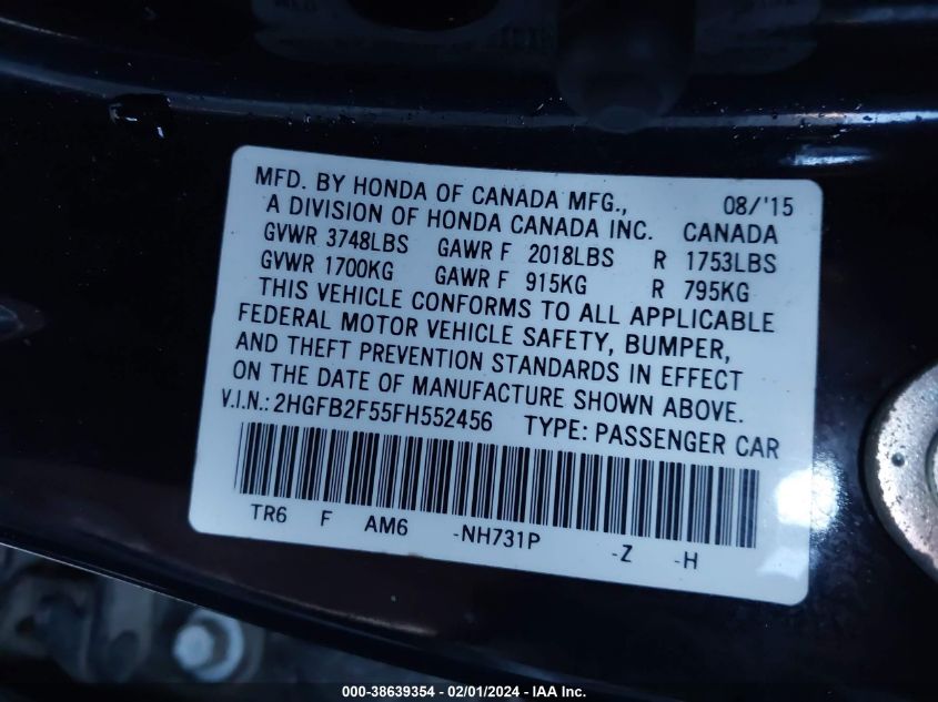2015 HONDA CIVIC LX - 2HGFB2F55FH552456