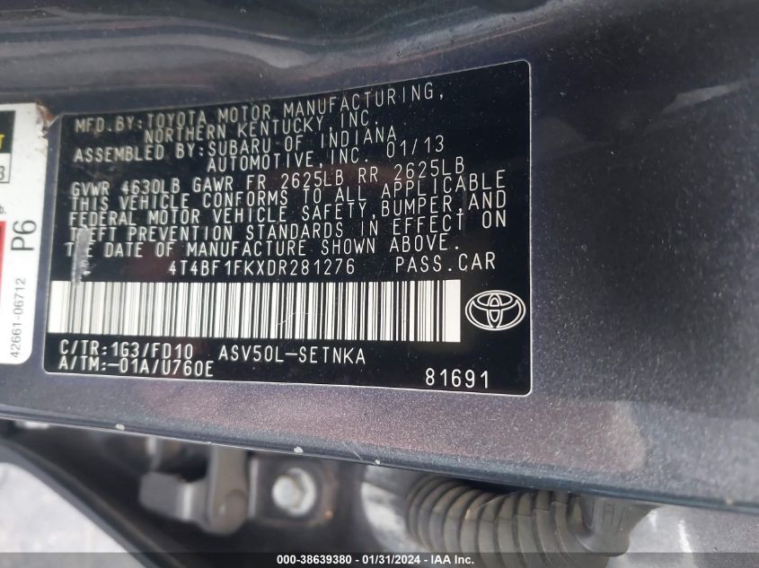 2013 TOYOTA CAMRY LE - 4T4BF1FKXDR281276