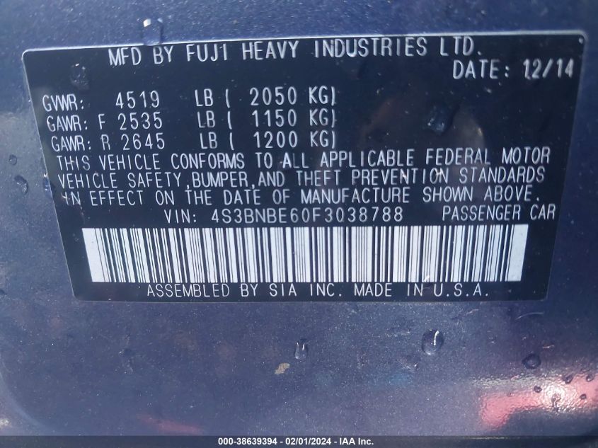 2015 SUBARU LEGACY 2.5I PREMIUM - 4S3BNBE60F3038788