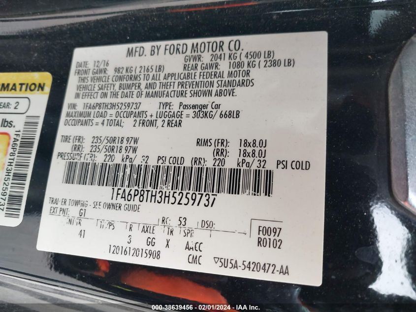 2017 FORD MUSTANG - 1FA6P8TH3H5259737