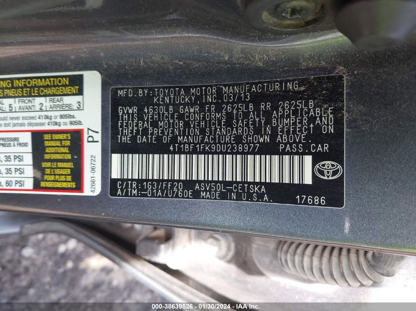 2013 TOYOTA CAMRY L/SE/LE/XLE - 4T1BF1FK9DU238977