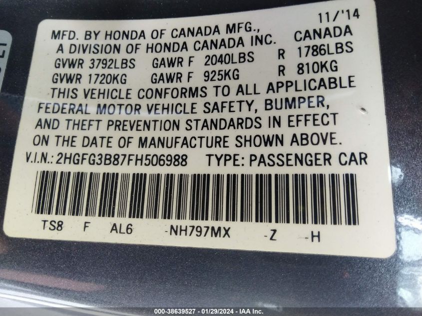 2015 HONDA CIVIC EX - 2HGFG3B87FH506988