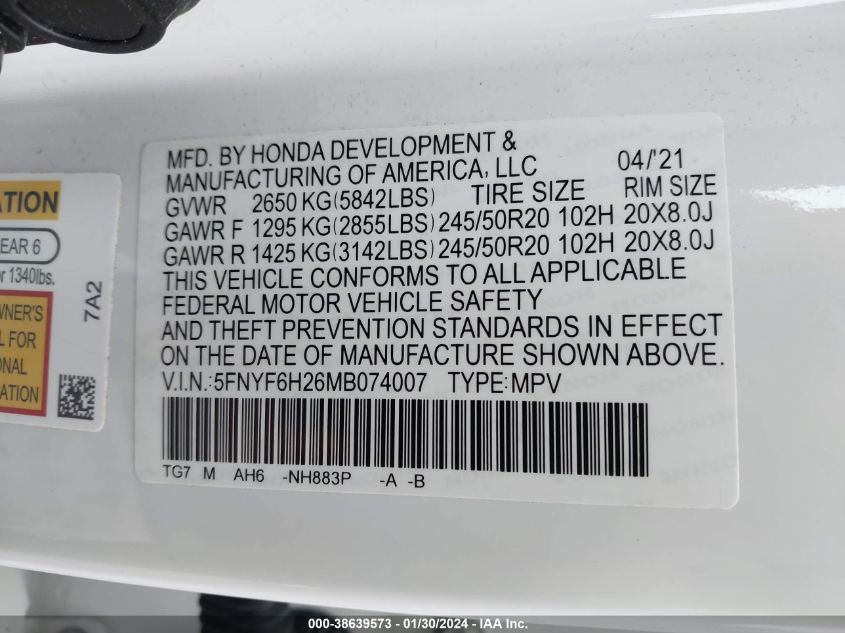 2021 HONDA PILOT SE - 5FNYF6H26MB074007