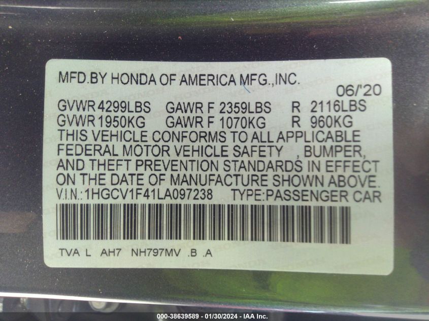 2020 HONDA ACCORD EX - 1HGCV1F41LA097238